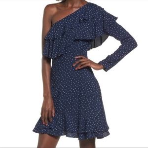 One Shoulder WAYF Blue & White Polka Dot Flounce Mini Dress